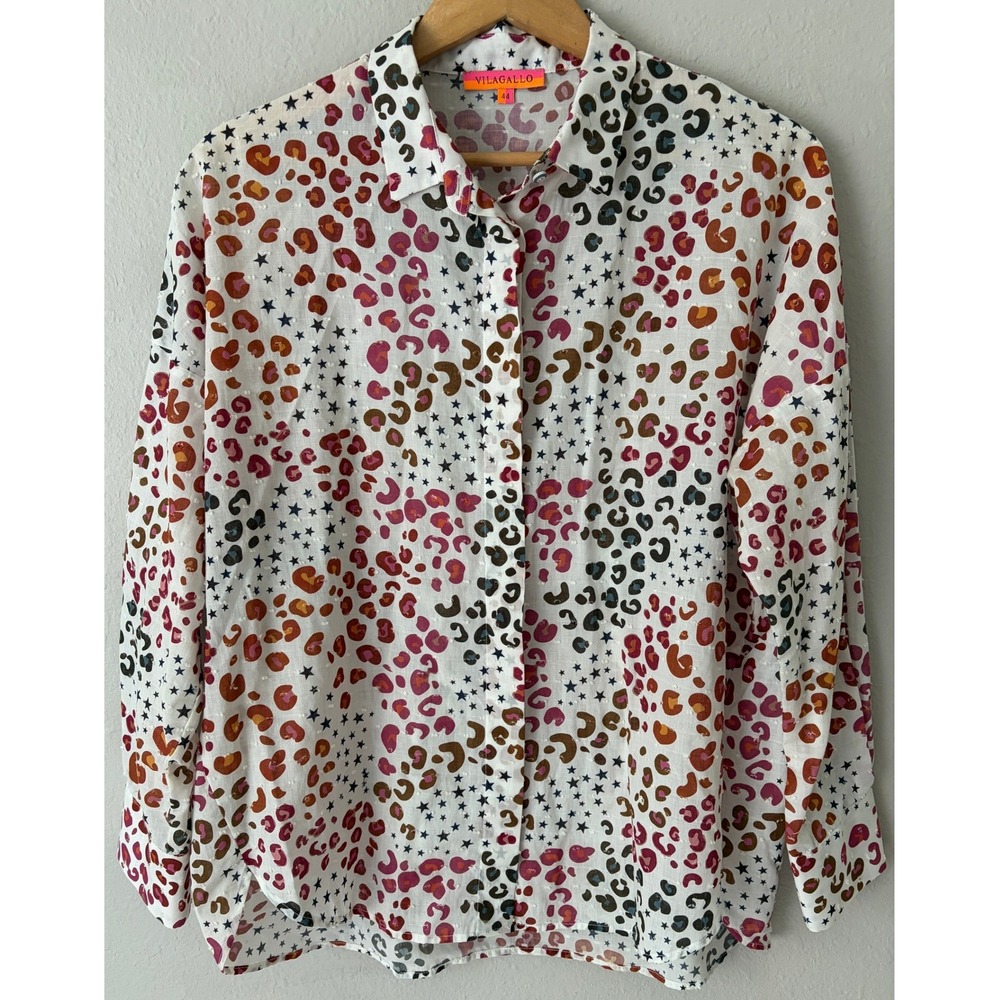 Vilagallo Mixed Leopard Star Print Button Down Shirt 44 Large L Art to Wear Boho